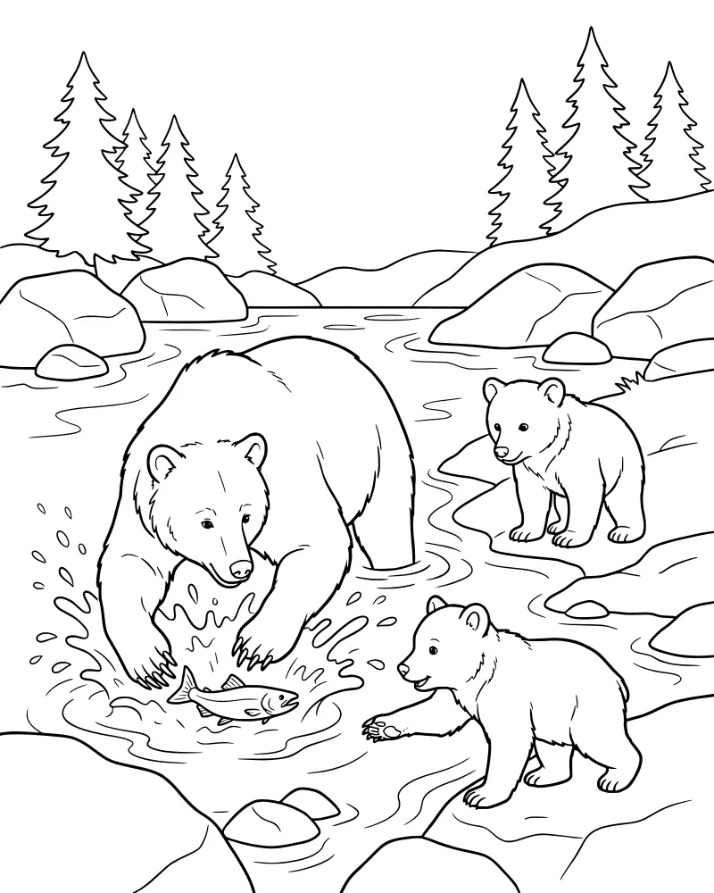 A cartoon mother bear catching a salmon in a river with two cubs watching from the bank against a mountain backdrop.