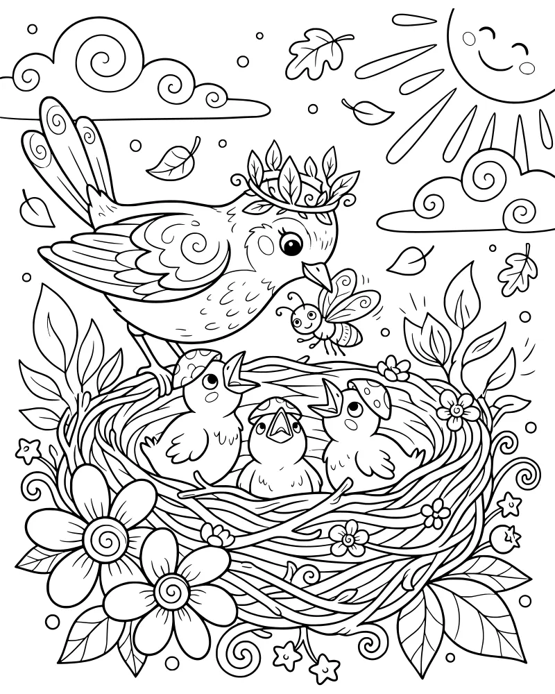 A cartoon mother bird wearing a leaf crown feeds a bee to three hungry chicks in a nest, surrounded by flowers, berries, and a smiling sun.