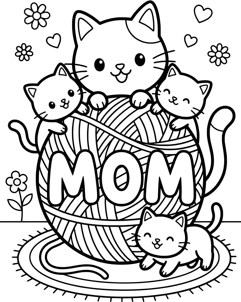 Mother cat and three kittens sitting on a rug around a ball of yarn with the word MOM.