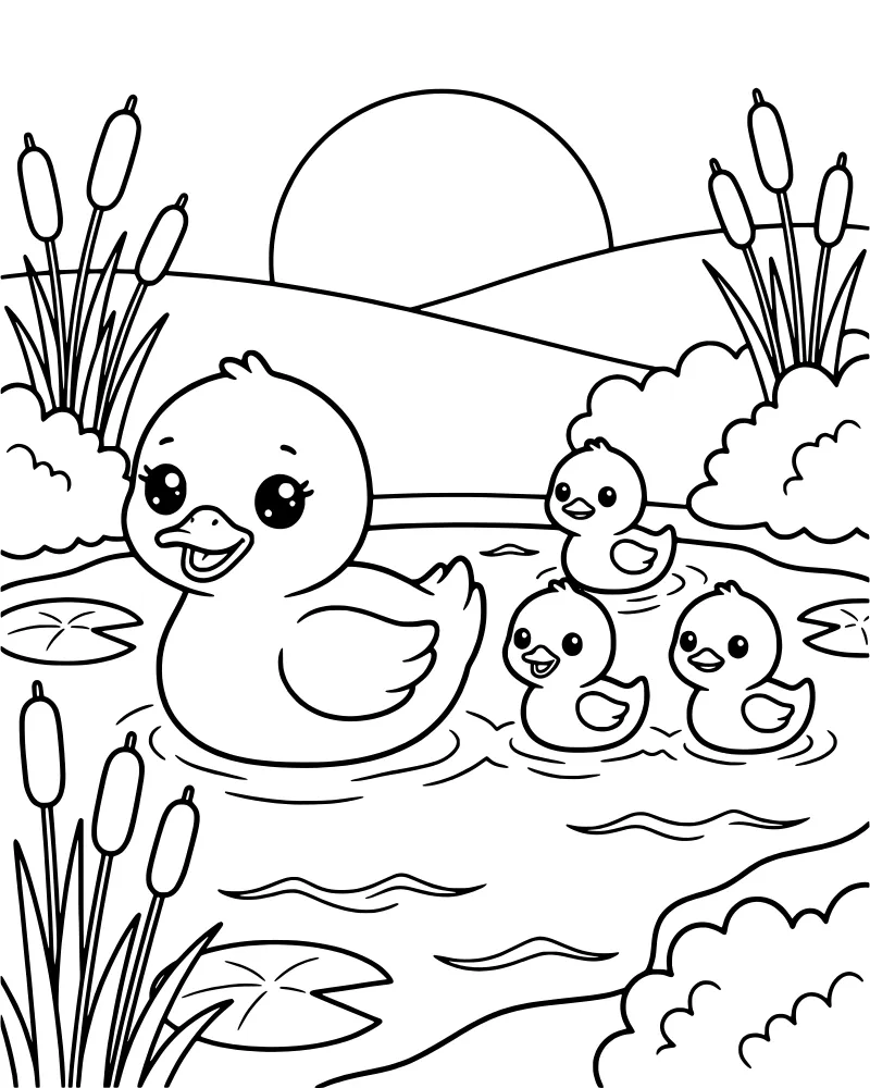 Mother duck leading four ducklings through a pond with lily pads and cattails under a setting sun.