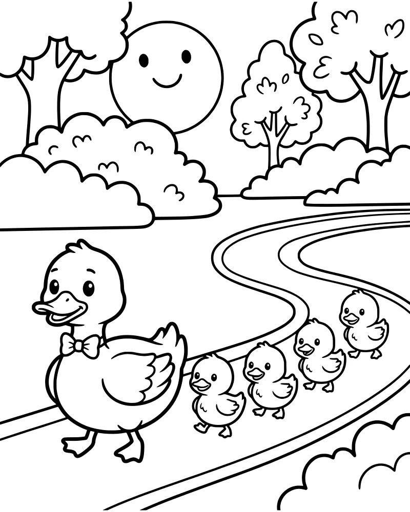 A cartoon mother duck wearing a bow tie leads four ducklings along a path with trees and a smiling sun.