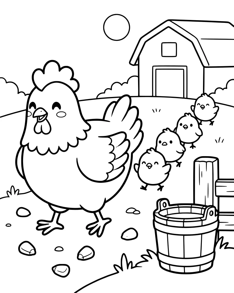 A cartoon mother hen and her four chicks walking through a grassy farmyard toward a barn with a fence and bucket in the foreground.