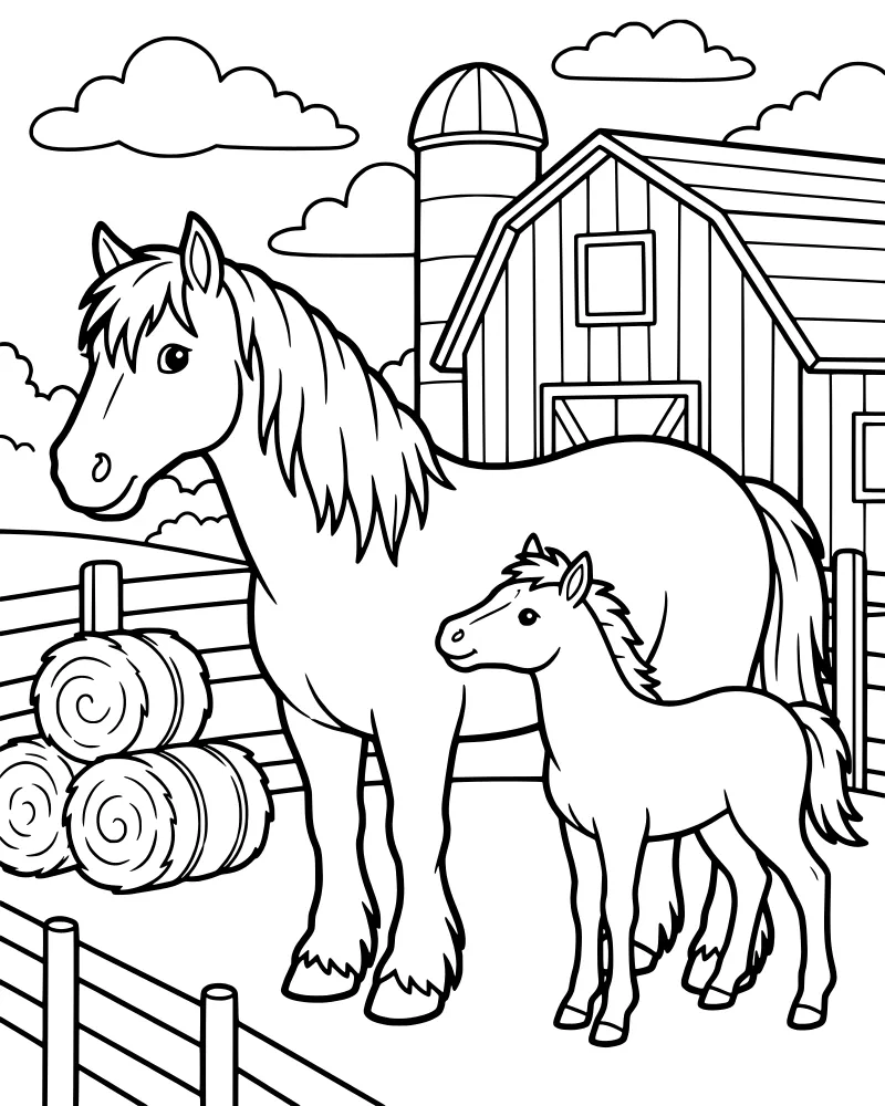 A cartoon adult horse and a foal standing in front of a barn and silo with hay bales and a fence.