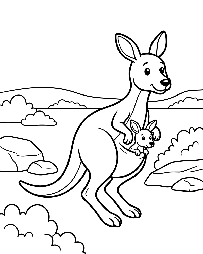 Cartoon mother kangaroo with a baby joey in her pouch standing in a landscape with hills and clouds.