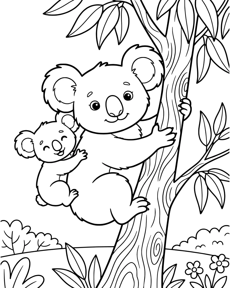A cartoon mother koala and her baby climbing a tree trunk with branches and leaves.