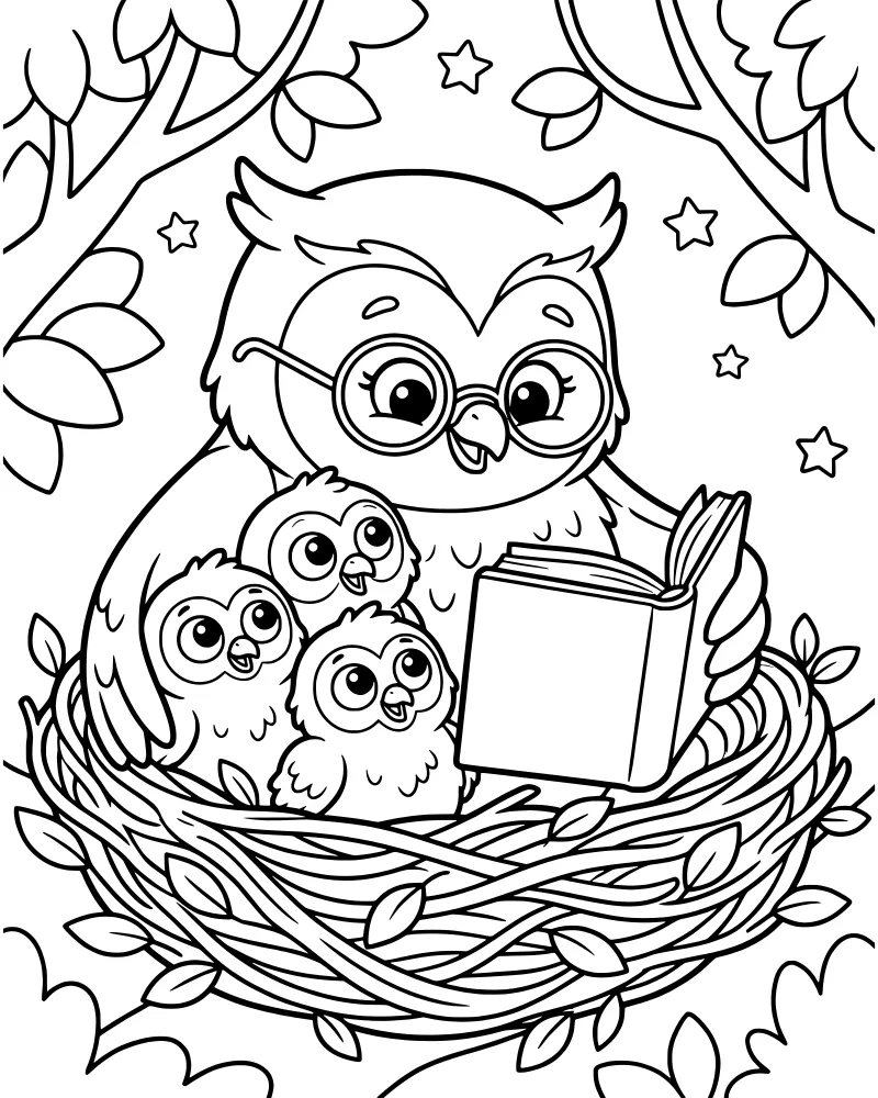 A mother owl with glasses reading a book to three baby owls sitting in a nest on a tree branch under a starry sky.