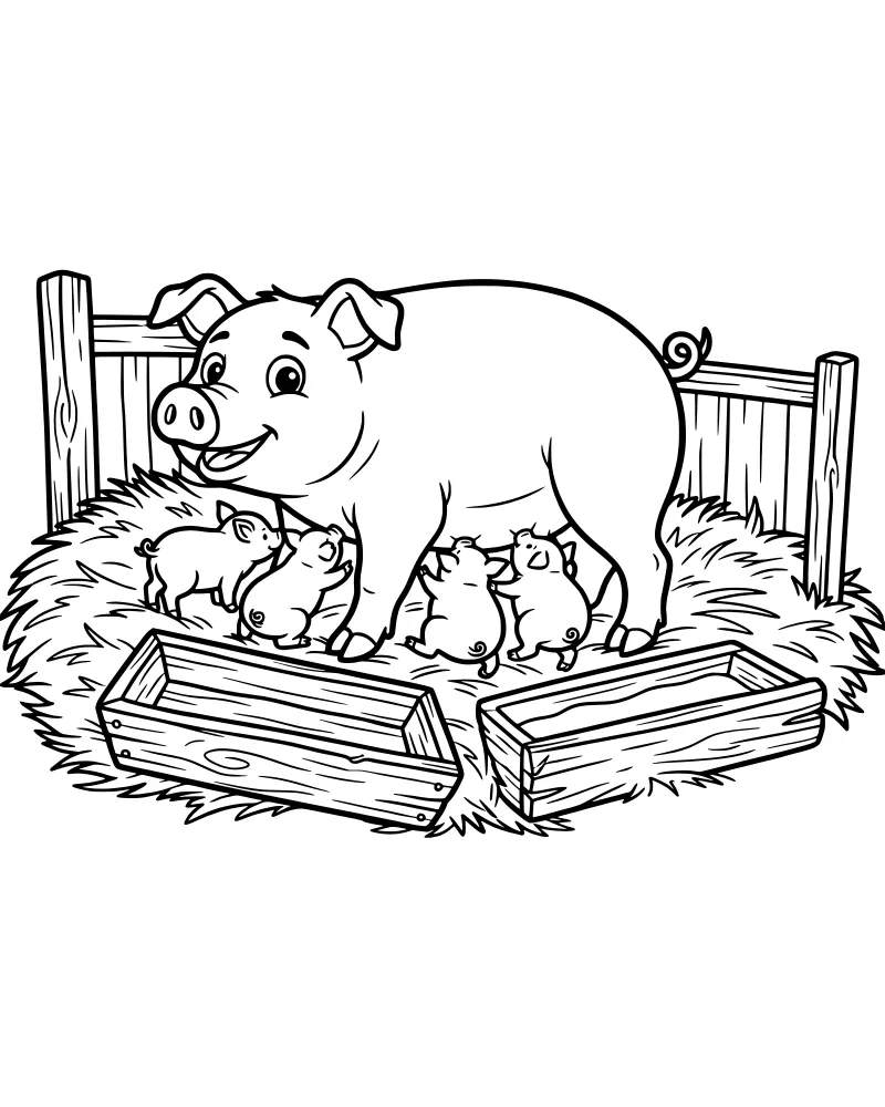 A cartoon mother pig and several small piglets resting in a pen filled with hay next to a wooden fence and troughs.