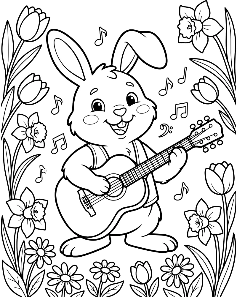 A cartoon bunny rabbit sitting and playing an acoustic guitar surrounded by tulips, daffodils, and floating musical notes.