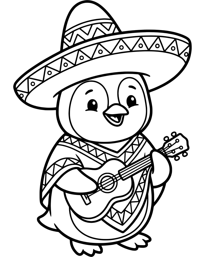 Cartoon penguin wearing a patterned poncho and a large sombrero while playing a wooden guitar.