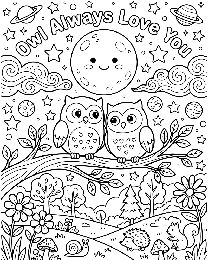 Two cartoon owls perched on a branch under a smiling moon and planets with the text Owl Always Love You.
