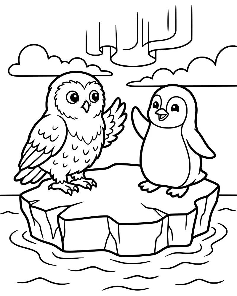 A cartoon owl and penguin standing on an ice floe in the water under a sky with clouds and aurora borealis light waves.