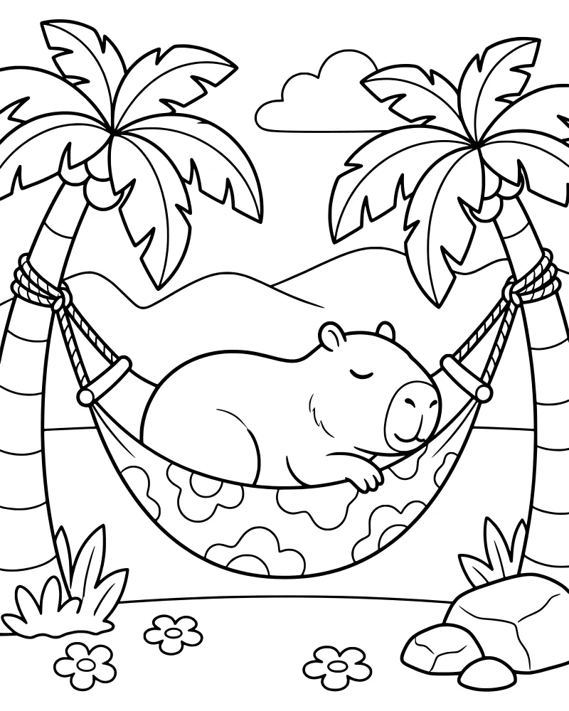 A cartoon capybara sleeping peacefully in a hammock tied between two palm trees on a tropical island with hills and clouds in the background.