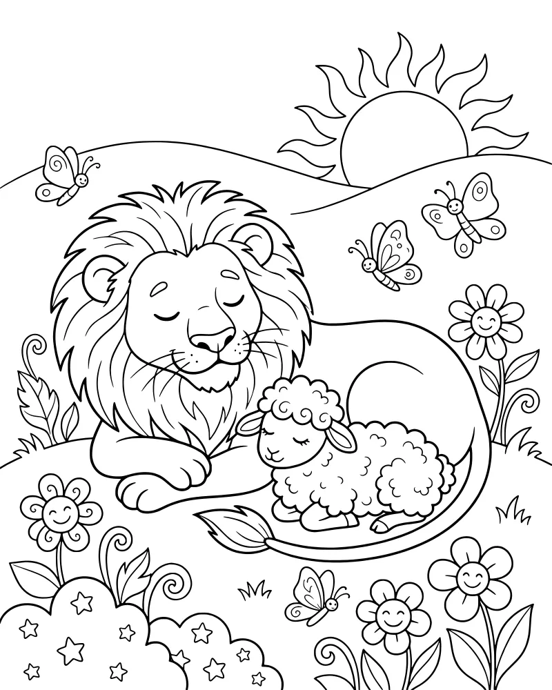 A cartoon lion and lamb sleeping together in a grassy meadow under a smiling sun with butterflies and flowers.