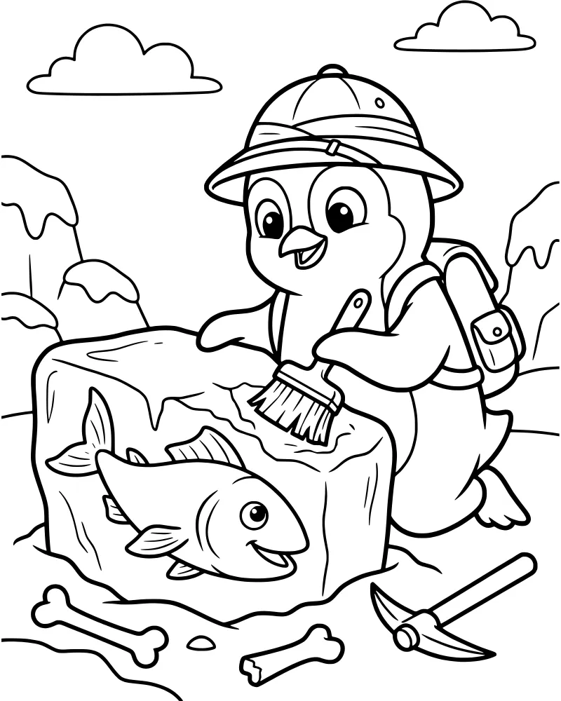 A cartoon penguin wearing a safari hat and backpack using a pickaxe to excavate a fish frozen inside an ice block with mountains in the background.