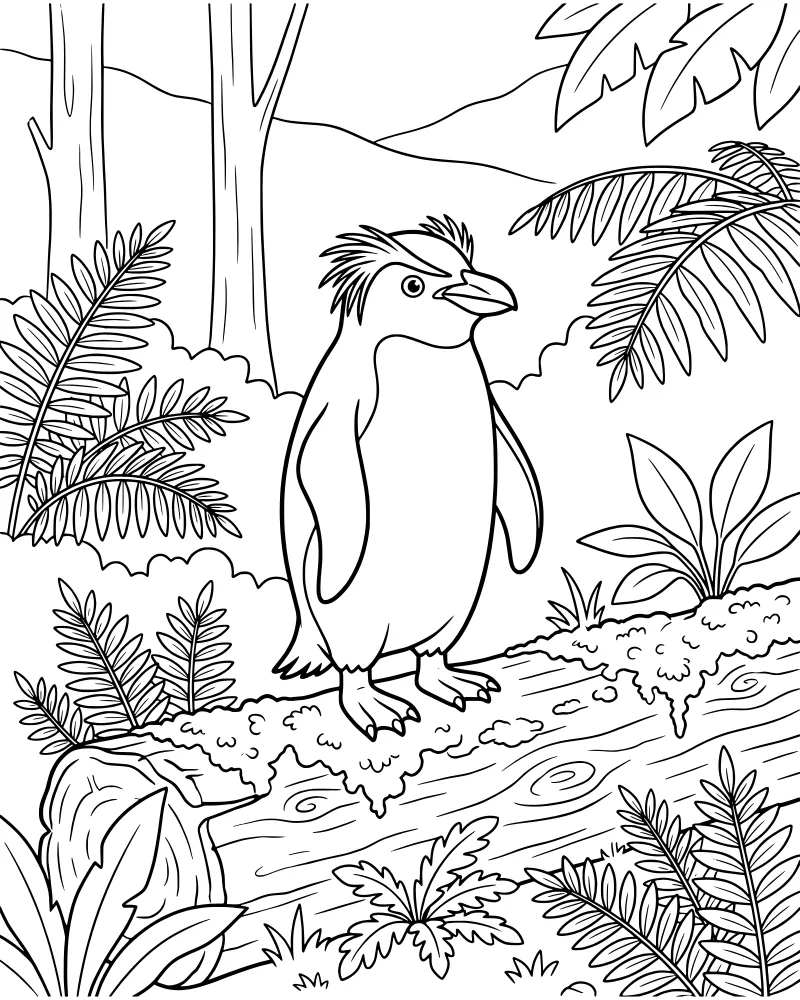 A cartoon penguin stands on a fallen log covered in moss, surrounded by tropical ferns and trees under a clear sky.
