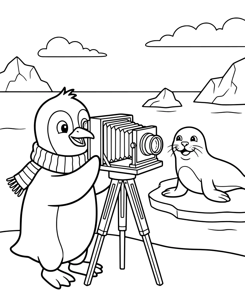 A cartoon penguin wearing a scarf uses a vintage camera on a tripod to photograph a seal on an ice floe with icebergs behind them.