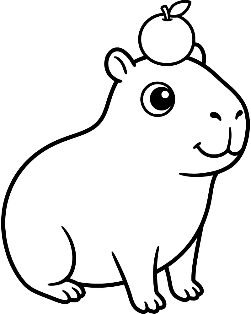 A cartoon capybara sitting calmly with a small apple and leaf balanced on its head.