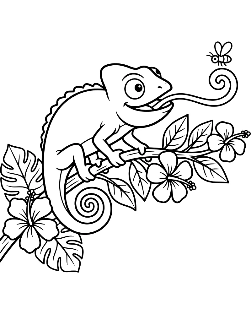 A cartoon chameleon sitting on a tree branch with its long tongue reaching out to catch a small fly surrounded by hibiscus flowers and large tropical leaves.