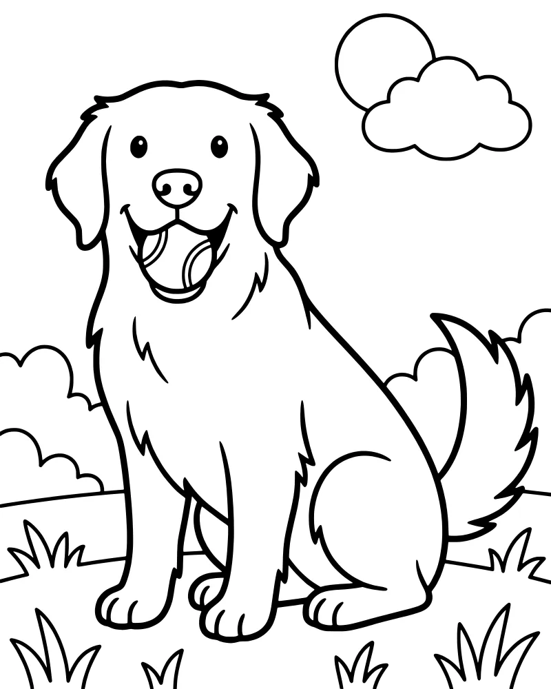 A cartoon dog sitting in the grass holding a tennis ball in its mouth under a sunny sky with clouds.