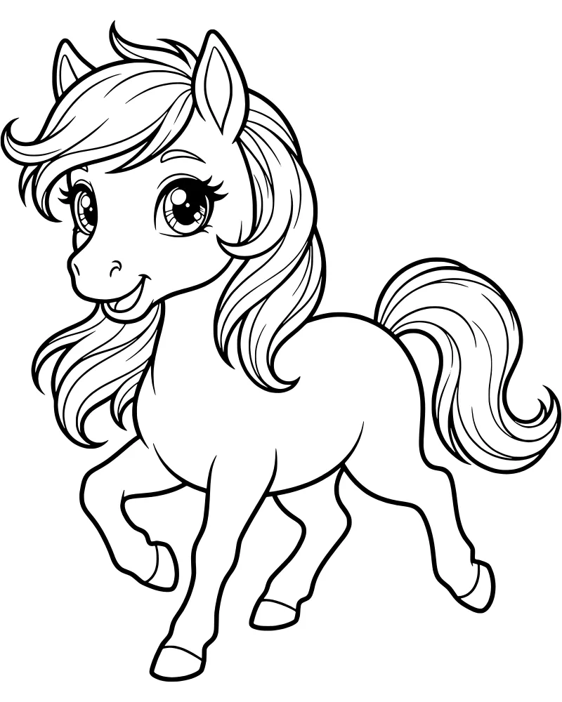 A cartoon horse with a flowing mane and tail galloping in a playful pose.