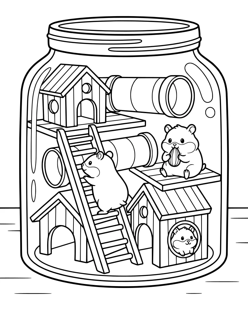 Three cartoon hamsters playing in a multi-level glass jar habitat with ladders, tubes, and small wooden houses.