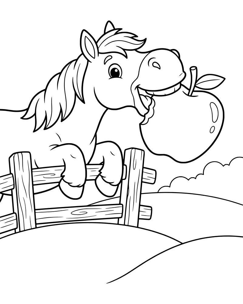 A cartoon horse leaning over a wooden fence to eat a large apple with hills and clouds in the background.