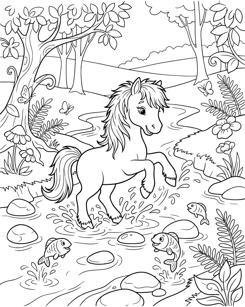 A cartoon horse splashing in a shallow stream surrounded by trees, jumping fish, and butterflies.
