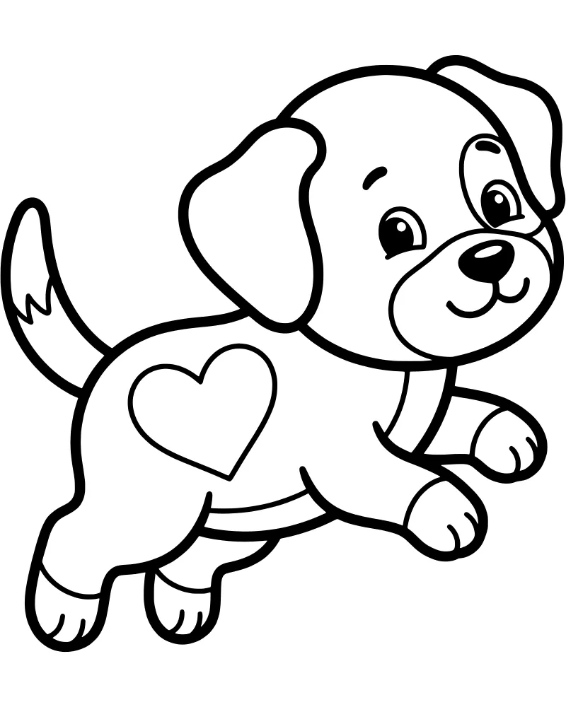Cartoon puppy jumping in the air with a heart shape on its side and a happy expression.