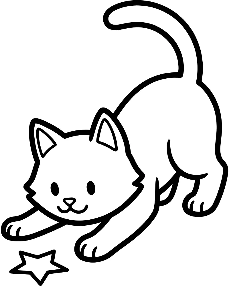 A cartoon kitten standing on its hind legs reaching out with its paw toward a single five-pointed star.