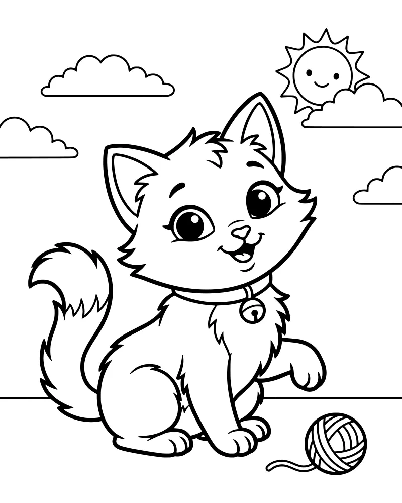 A cartoon kitten sitting next to a ball of yarn under a smiling sun and clouds.