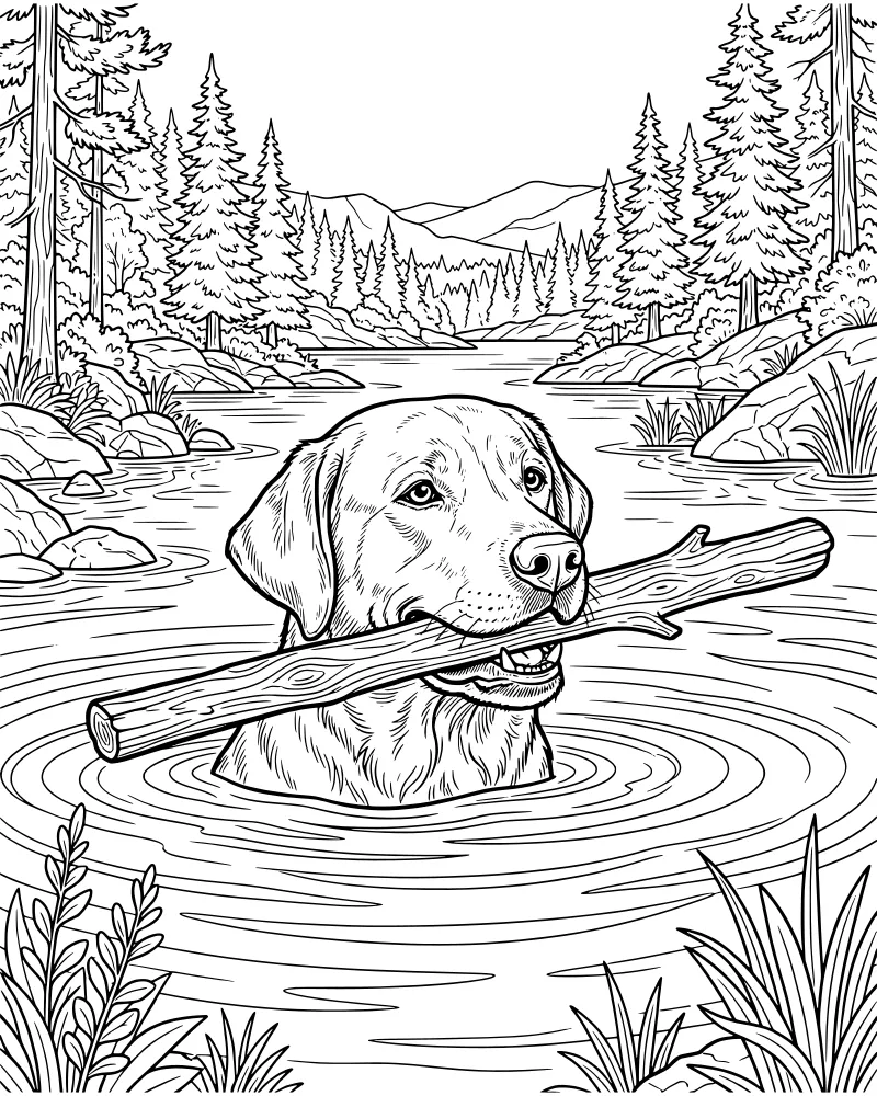 A cartoon Labrador retriever swimming in a lake with a stick in its mouth, surrounded by ripples, trees, and mountains.