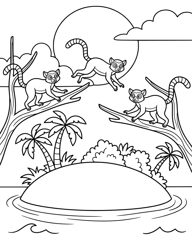 Three cartoon lemurs playing on tree branches on a tropical island with palm trees, a large sun, and ocean waves.