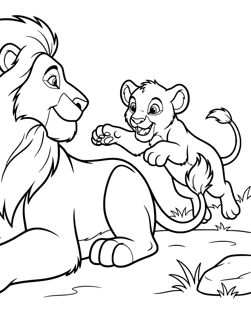 Cartoon male lion lying in the grass while a small lion cub jumps playfully toward his head near a large rock.