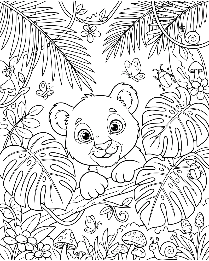 A cartoon lion cub peeking through large monstera leaves, vines, and flowers with butterflies and beetles nearby.