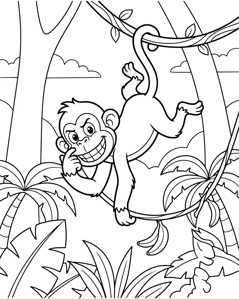 A cartoon monkey with a happy face hangs from a jungle vine surrounded by palm leaves, a tree trunk, and a bunch of bananas under a cloudy sky.