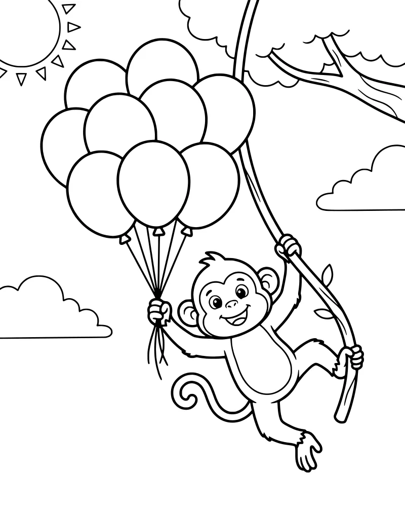 A cartoon monkey swinging from a tree branch while holding a large bunch of balloons under a smiling sun and clouds.