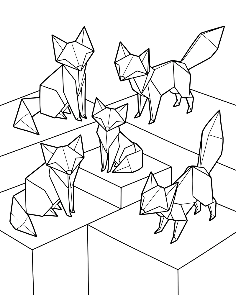 Five stylized origami foxes sitting on various rectangular and square geometric blocks in a modern minimalist style.