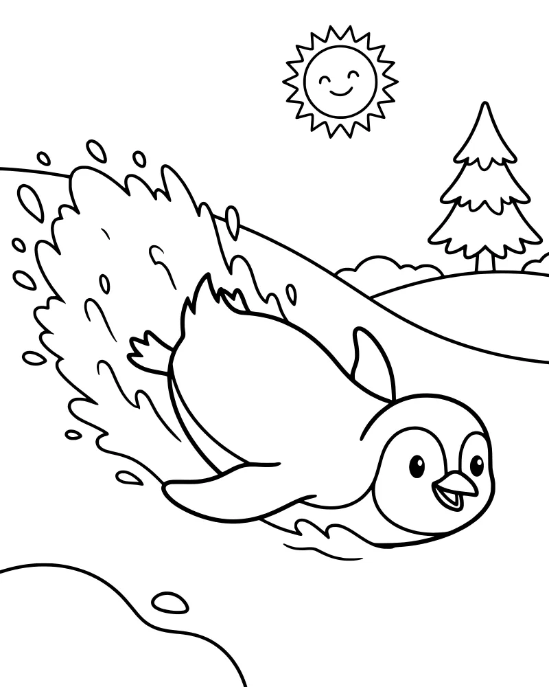 A cartoon penguin splashing in the water with a smiling sun, hills, and a tree in the background.