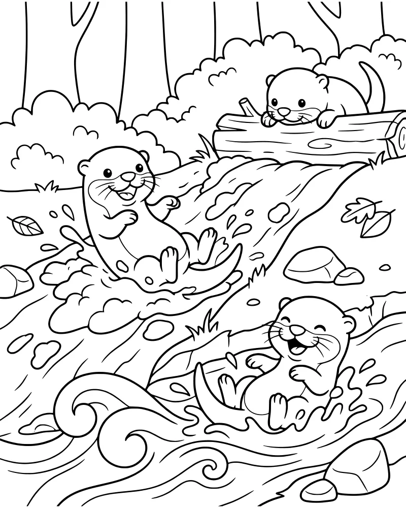 Cartoon illustration of three otters playing in a river, with two otters sliding down a waterfall and one sitting on a log.