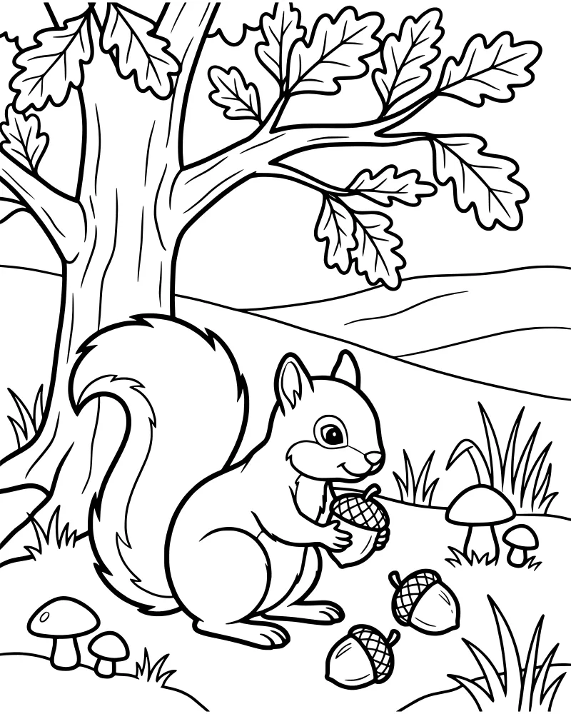 A cartoon squirrel sitting under an oak tree holding an acorn with mushrooms and hills in the background.