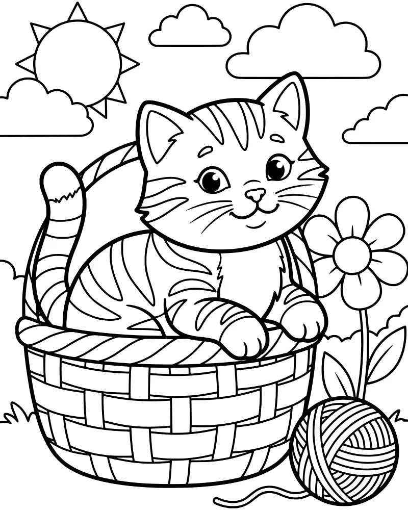 A cartoon tabby cat sitting in a wicker basket on a lawn with a ball of yarn, a flower, and a smiling sun in the sky.