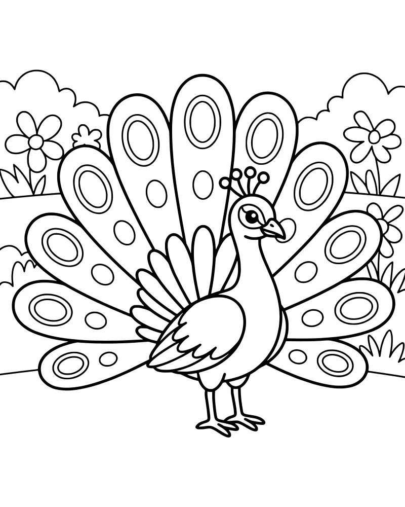 A cartoon peacock with its large tail feathers fanned out, standing in a garden with bushes and small flowers.