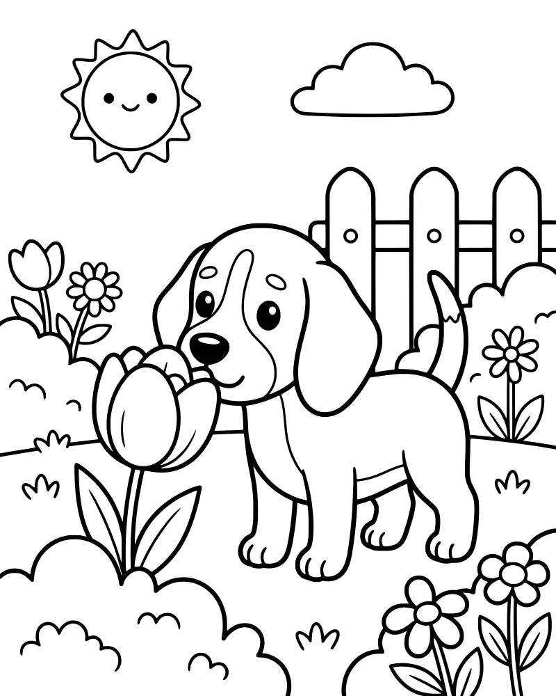 A cartoon puppy sitting in a garden sniffing a tulip with a fence and sun in the background.