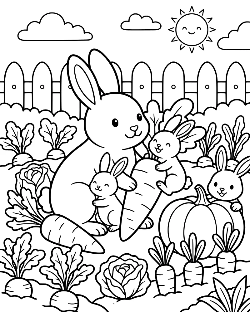 Cartoon rabbit family with baby bunnies in a vegetable garden with pumpkins and carrots under a smiling sun.