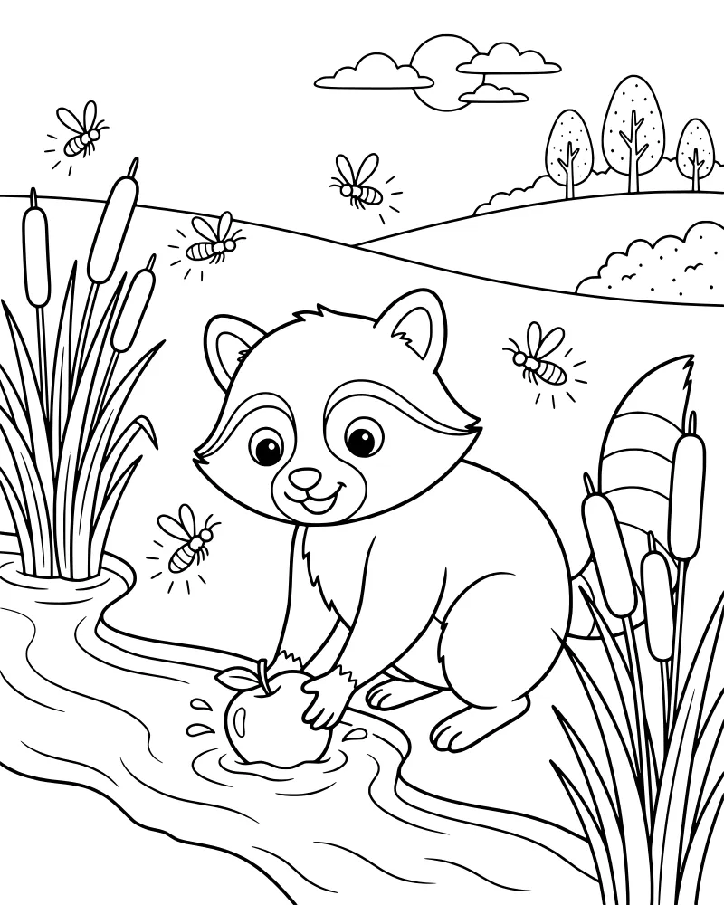 A cartoon raccoon reaching for a floating apple in a river during a moonlit night with fireflies and rolling hills.