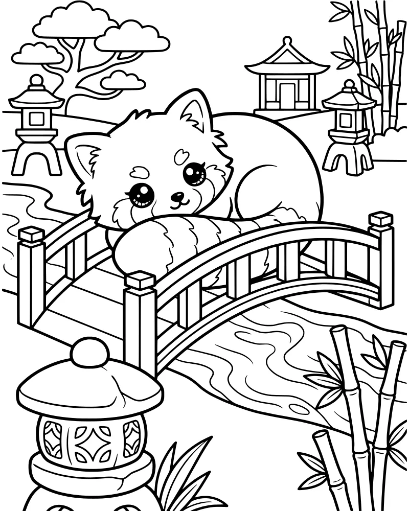 A cartoon red panda resting on a wooden bridge in a Japanese garden with bamboo, a river, and a stone lantern.