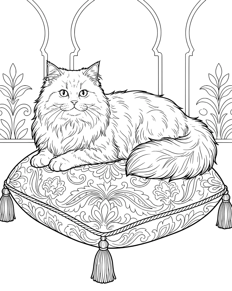 A detailed line art illustration of a long-haired cat sitting on a patterned pillow with tassels under decorative arches.