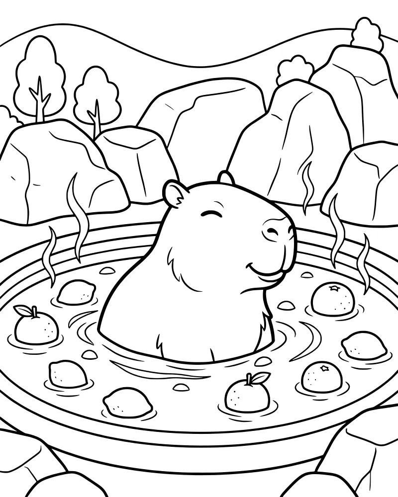 A cartoon capybara sitting peacefully in a steaming hot spring with floating oranges and lemons surrounded by rocks and trees.