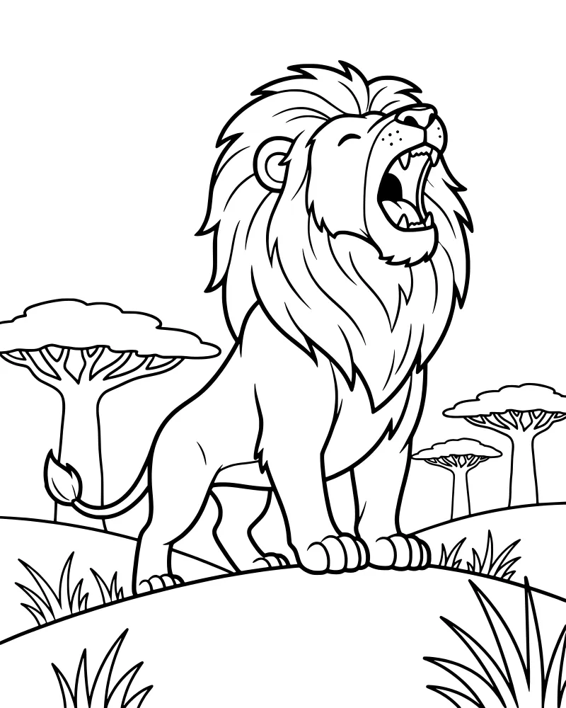 A cartoon lion with a large mane stands on a hill roaring with its mouth open showing teeth, surrounded by acacia trees and hills.