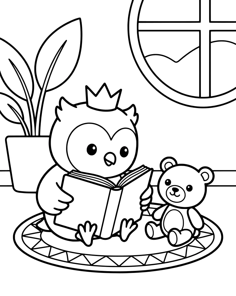 A cartoon owl wearing a small crown reading an open book while sitting on a rug next to a teddy bear near a window with a potted plant.